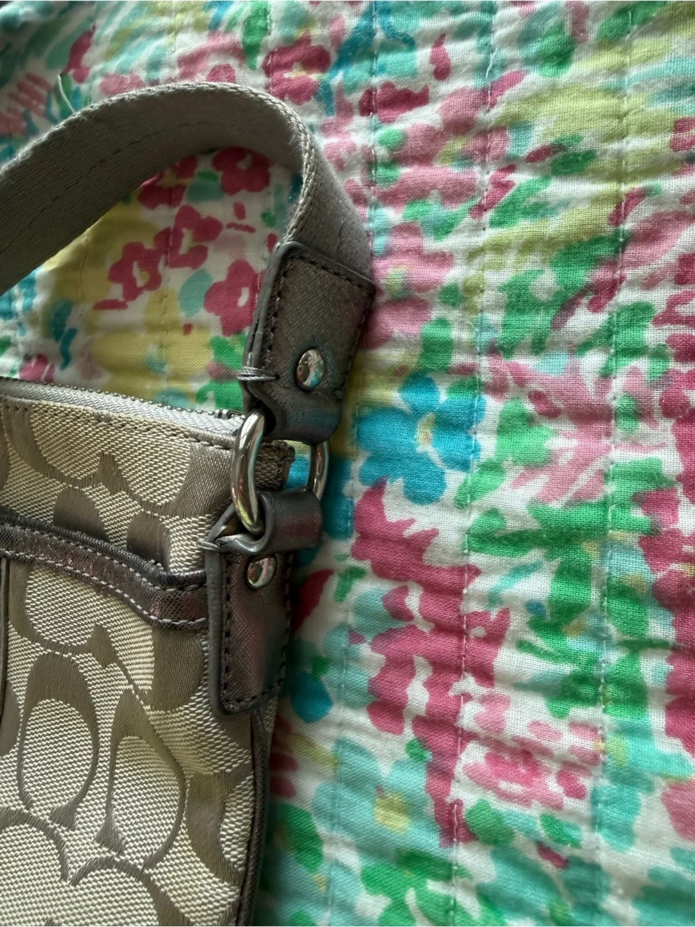 Coach Khaki and Metallic Silver Crossbody Bag